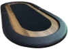 Black oval poker table top with wooden racetrack, side view