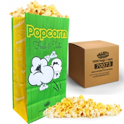 Green popcorn bag 3oz with flat bottom and popcorn