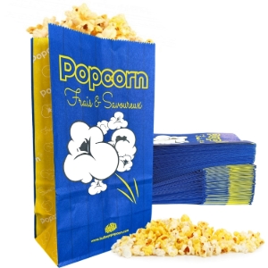 Blue popcorn bag 1.5oz with flat bottom and popcorn
