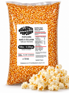 Bullseye yellow butterfly popcorn 10 lb bag with popped popcorn