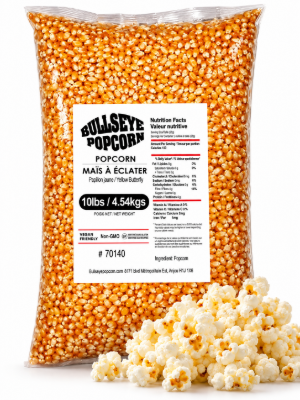 Bullseye yellow butterfly popcorn 10 lb bag with popped popcorn